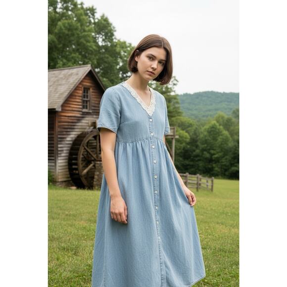 Studio Ease Dresses & Skirts - Vintage Studio Ease XL Blue Denim Chambray Lace Neckline Belt Maxi Dress